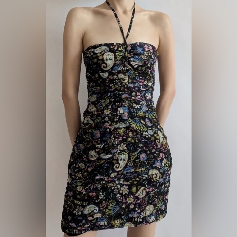 Zara Womenโs Paisley Floral Print Ruched Halter Tie Mini Dress Sz M